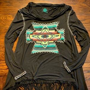 Double D Ranch Black Aztec Fringed Shirt Size XS